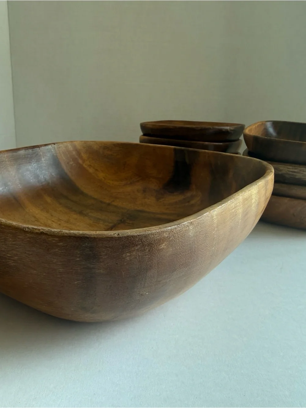 Vintage MCM Monkey Pod Style Wood Salad Bowl Set 9 Pc